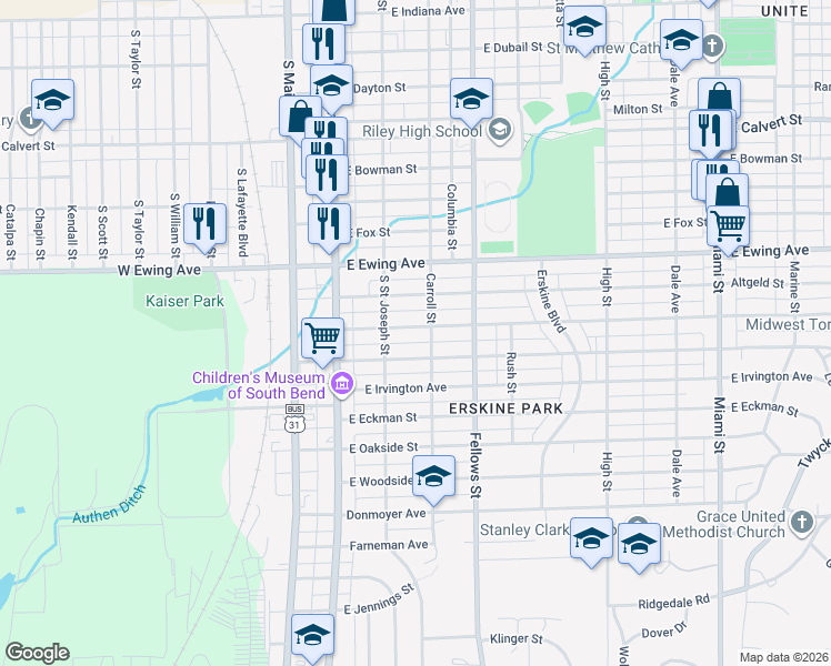 map of restaurants, bars, coffee shops, grocery stores, and more near 217 East Victoria Street in South Bend
