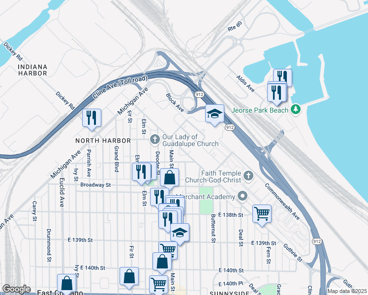 map of restaurants, bars, coffee shops, grocery stores, and more near 3529 Guthrie Street in East Chicago