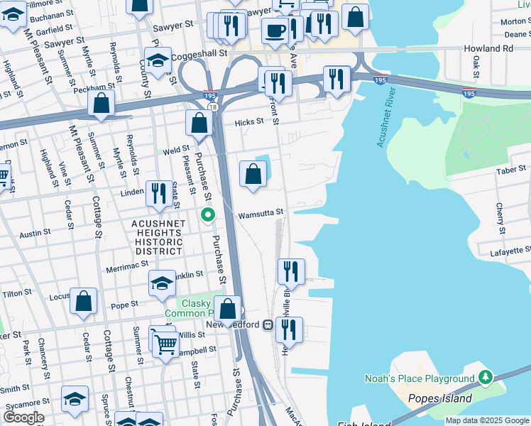 map of restaurants, bars, coffee shops, grocery stores, and more near 61 Wamsutta Street in New Bedford