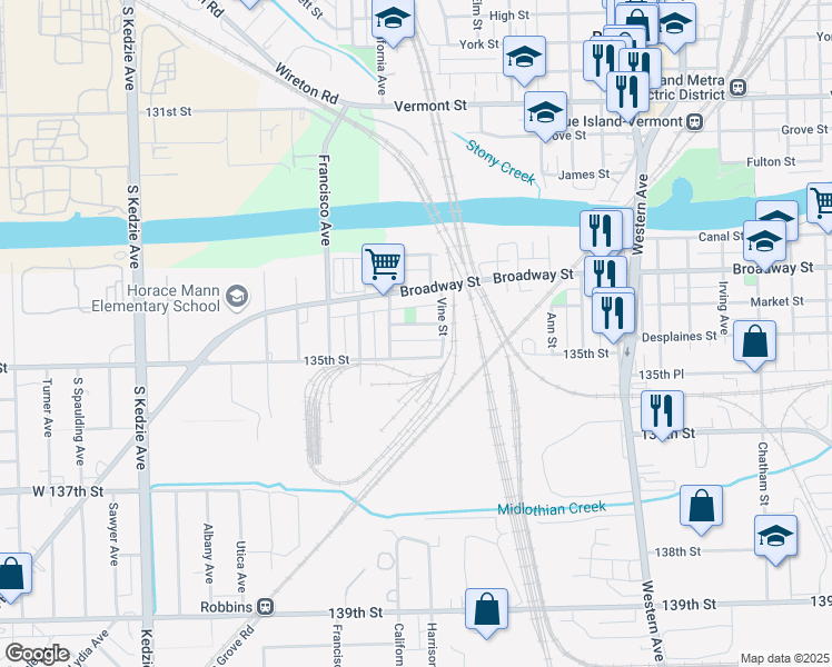 map of restaurants, bars, coffee shops, grocery stores, and more near 2743 Desplaines Street in Blue Island