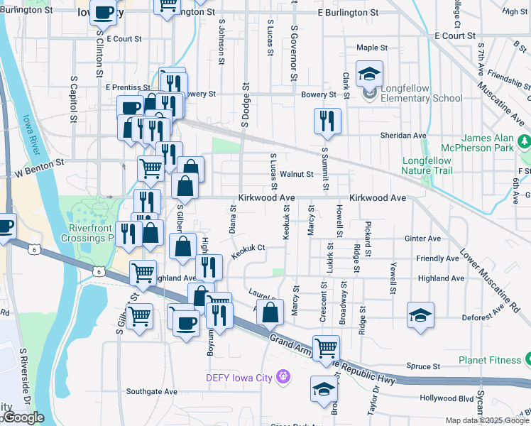 map of restaurants, bars, coffee shops, grocery stores, and more near 1030 Carroll Street in Iowa City
