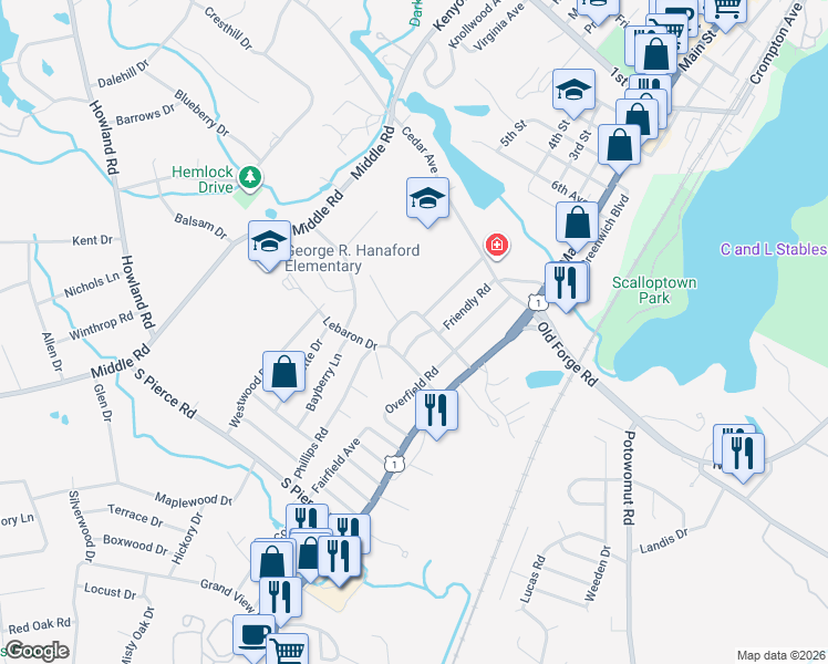 map of restaurants, bars, coffee shops, grocery stores, and more near 115 Friendly Road in East Greenwich