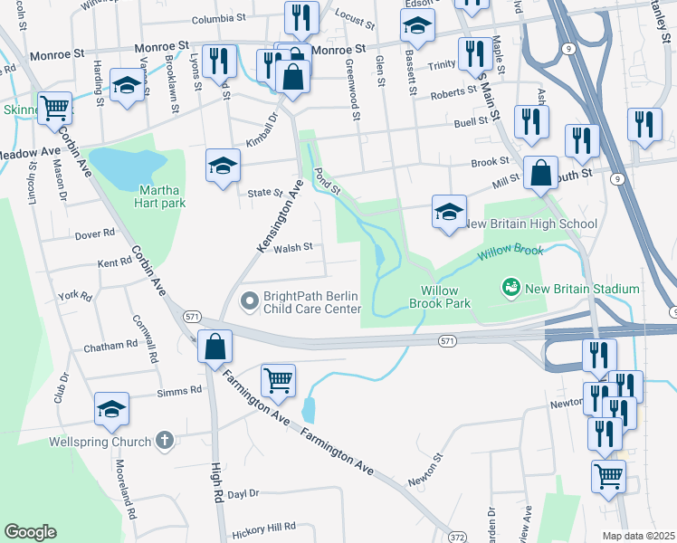 map of restaurants, bars, coffee shops, grocery stores, and more near 130 Clinic Drive in New Britain