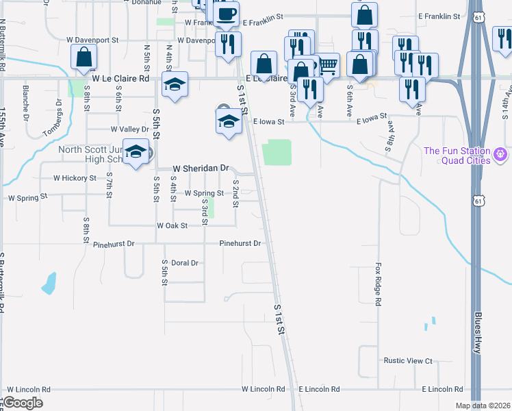 map of restaurants, bars, coffee shops, grocery stores, and more near 102 West Spring Street in Eldridge