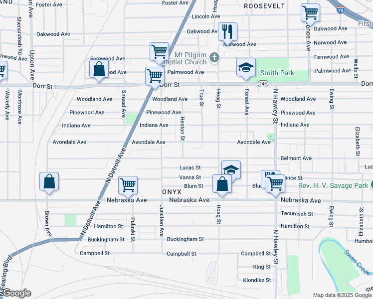 map of restaurants, bars, coffee shops, grocery stores, and more near 1303 Avondale Avenue in Toledo