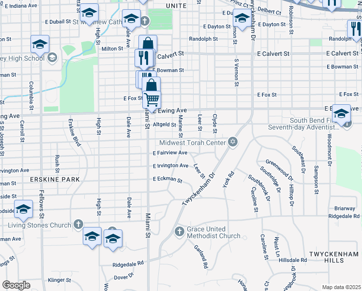 map of restaurants, bars, coffee shops, grocery stores, and more near 2549 Marine St in South Bend