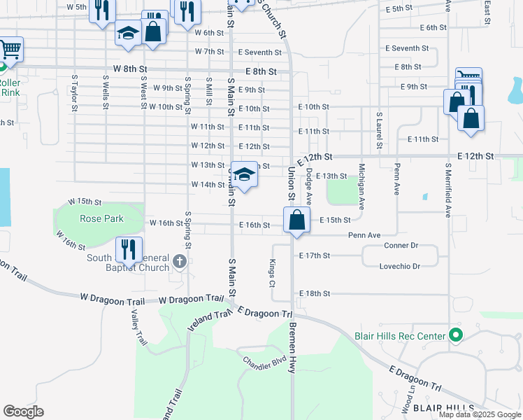 map of restaurants, bars, coffee shops, grocery stores, and more near 1306 South Main Street in Mishawaka