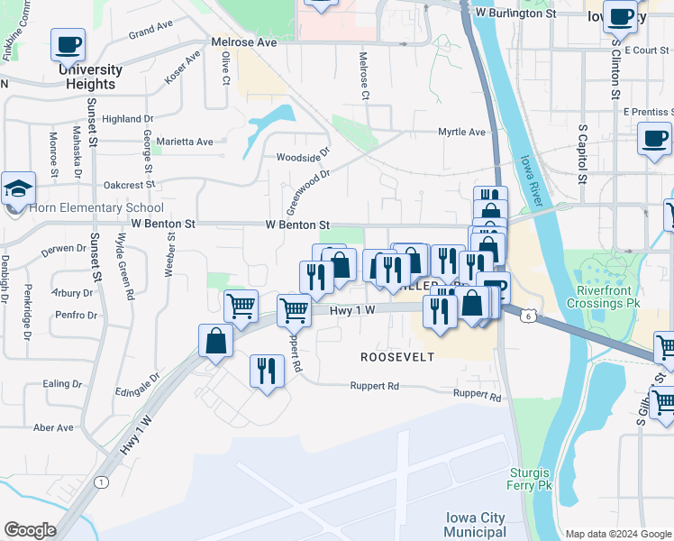 map of restaurants, bars, coffee shops, grocery stores, and more near 91 Prairie Hill Lane in Iowa City