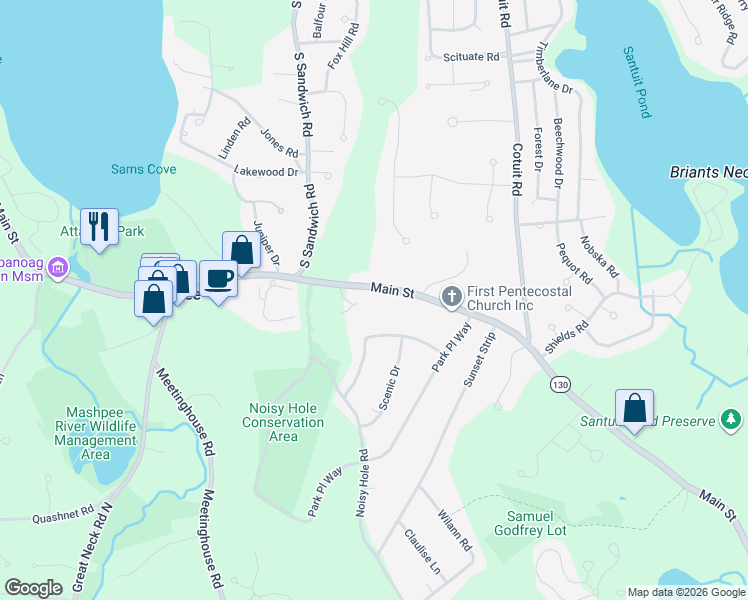 map of restaurants, bars, coffee shops, grocery stores, and more near 290 Main Street in Mashpee