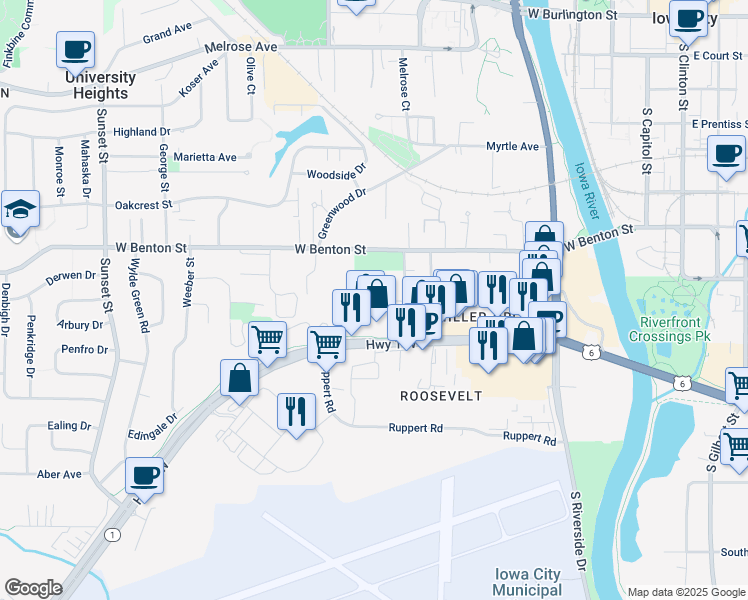map of restaurants, bars, coffee shops, grocery stores, and more near 91 Prairie Hill Lane in Iowa City