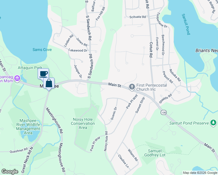 map of restaurants, bars, coffee shops, grocery stores, and more near 290 Main Street in Mashpee