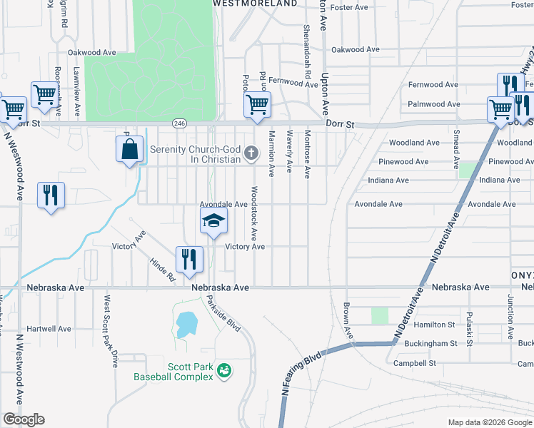 map of restaurants, bars, coffee shops, grocery stores, and more near 823 Marmion Avenue in Toledo