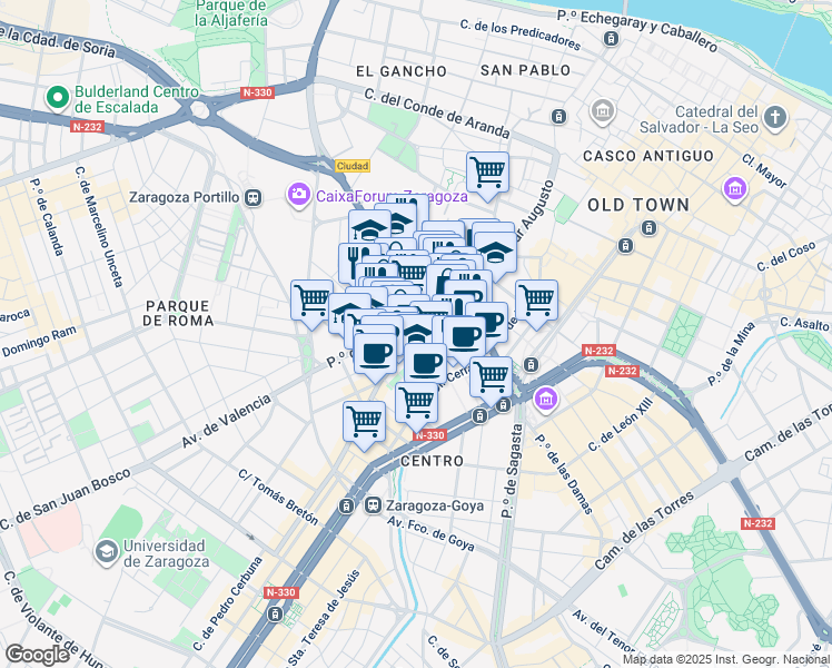 map of restaurants, bars, coffee shops, grocery stores, and more near Puente de Piedra in Zaragoza