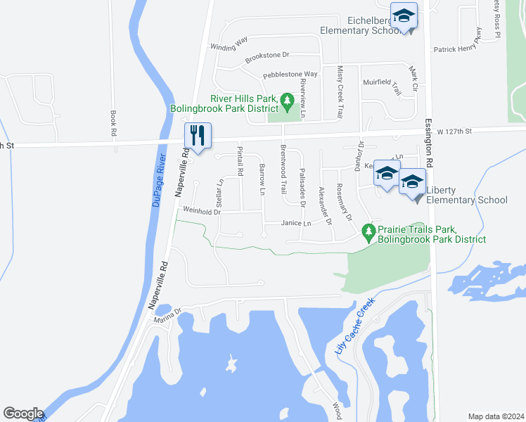 map of restaurants, bars, coffee shops, grocery stores, and more near 22800 Weinhold Drive in Plainfield
