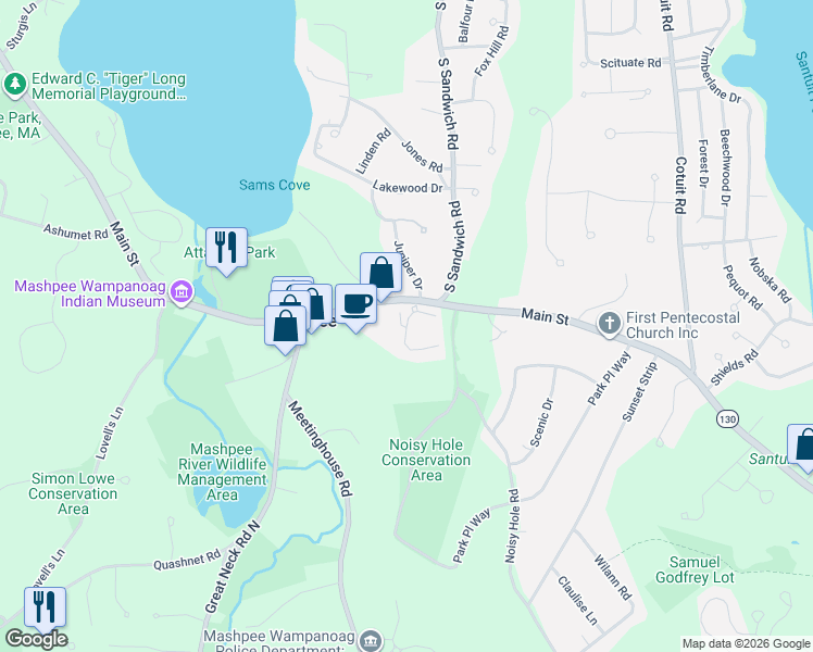 map of restaurants, bars, coffee shops, grocery stores, and more near 340 Main Street in Mashpee