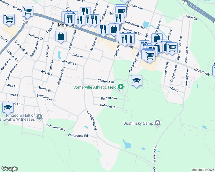 map of restaurants, bars, coffee shops, grocery stores, and more near 71 Spring Street in Monticello