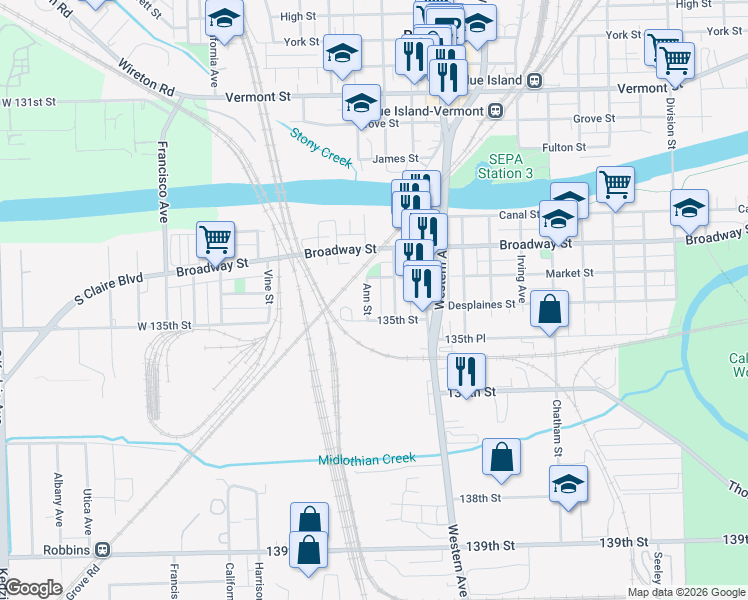 map of restaurants, bars, coffee shops, grocery stores, and more near 13414 Greenwood Avenue in Blue Island