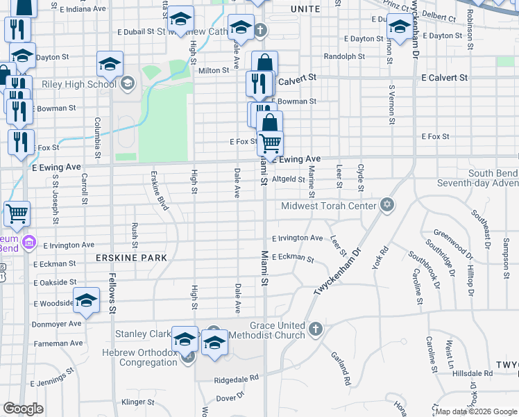 map of restaurants, bars, coffee shops, grocery stores, and more near 2501 Miami Street in South Bend