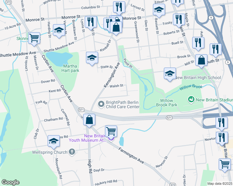 map of restaurants, bars, coffee shops, grocery stores, and more near 66 Clinic Drive in New Britain