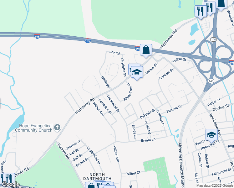 map of restaurants, bars, coffee shops, grocery stores, and more near 147 Apple Tree Lane in New Bedford