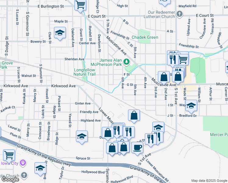 map of restaurants, bars, coffee shops, grocery stores, and more near 1712 H Street in Iowa City