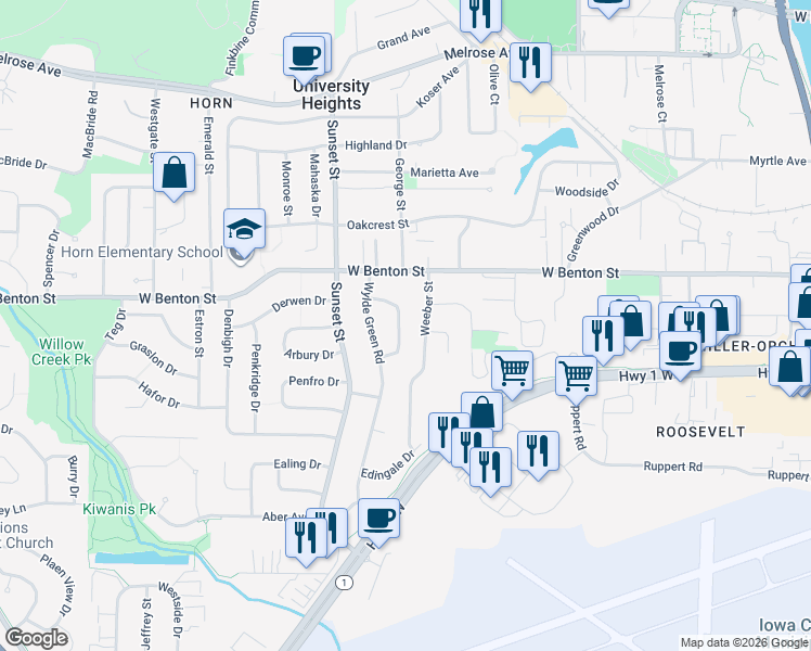 map of restaurants, bars, coffee shops, grocery stores, and more near 914 Talwrn Court in Iowa City