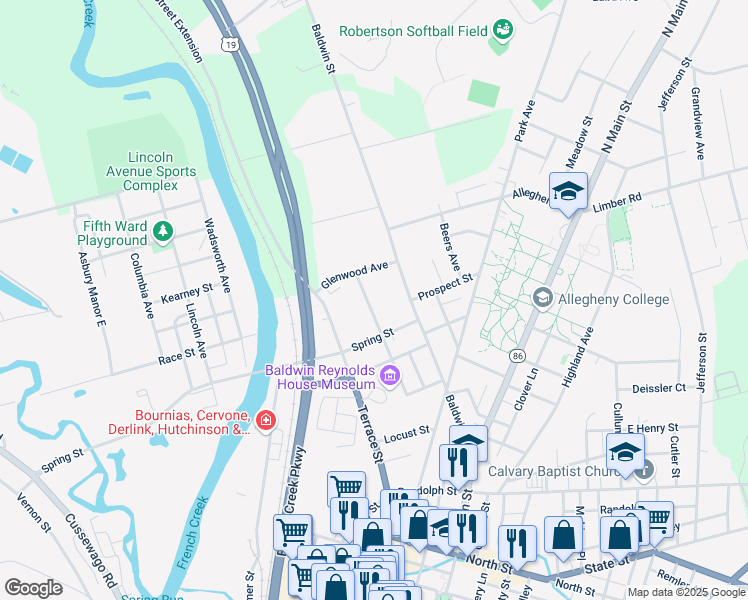 map of restaurants, bars, coffee shops, grocery stores, and more near 349 Lord Street in Meadville