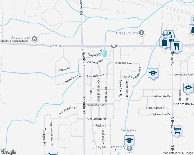 map of restaurants, bars, coffee shops, grocery stores, and more near 851 Continental Boulevard in Toledo