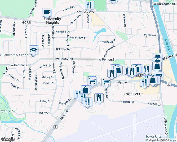 map of restaurants, bars, coffee shops, grocery stores, and more near 28 Harlocke Place in Iowa City