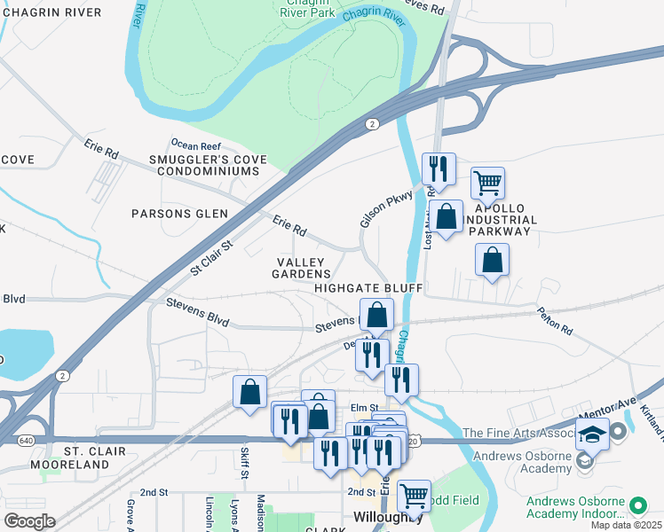 map of restaurants, bars, coffee shops, grocery stores, and more near 3656 Foothills Boulevard in Willoughby