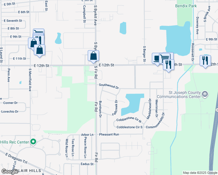 map of restaurants, bars, coffee shops, grocery stores, and more near 1439 Southwood Drive in Mishawaka