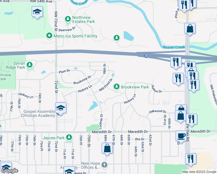 map of restaurants, bars, coffee shops, grocery stores, and more near 6834 Mill Pond Drive in Urbandale