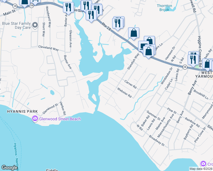 map of restaurants, bars, coffee shops, grocery stores, and more near 13 Webster Road in Yarmouth