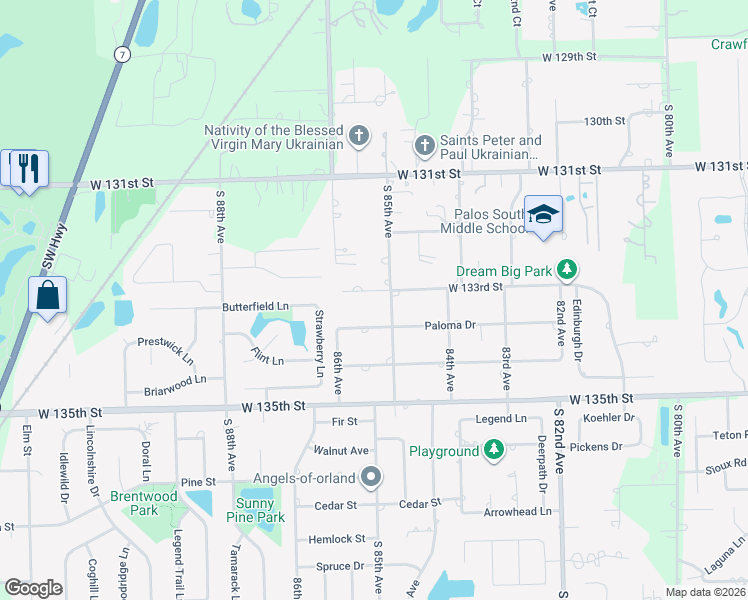 map of restaurants, bars, coffee shops, grocery stores, and more near 8525 West 133rd Street in Orland Park