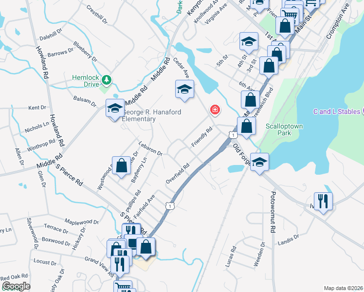 map of restaurants, bars, coffee shops, grocery stores, and more near 115 Friendly Road in East Greenwich