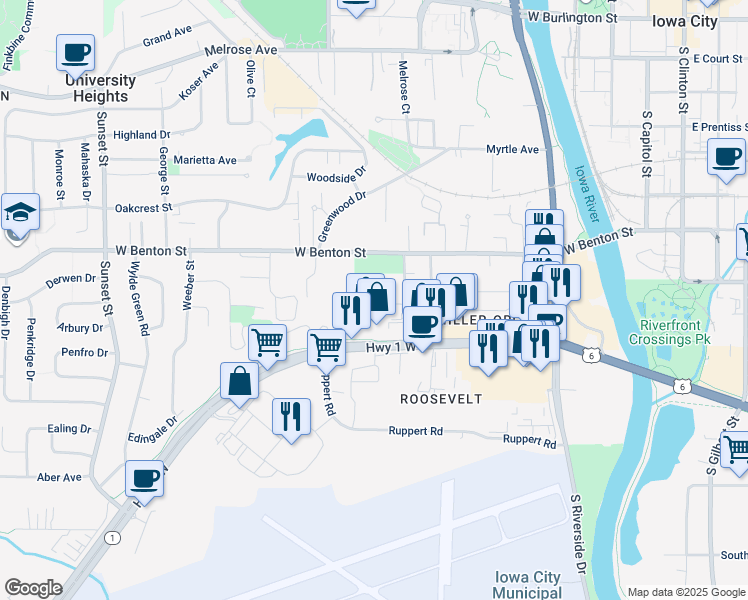 map of restaurants, bars, coffee shops, grocery stores, and more near 93 Prairie Hill Lane in Iowa City