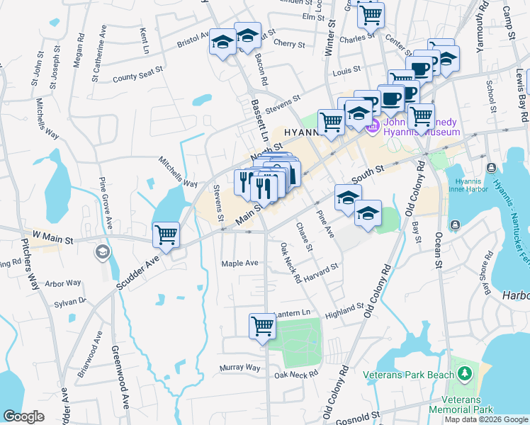 map of restaurants, bars, coffee shops, grocery stores, and more near 599 Main Street in Barnstable