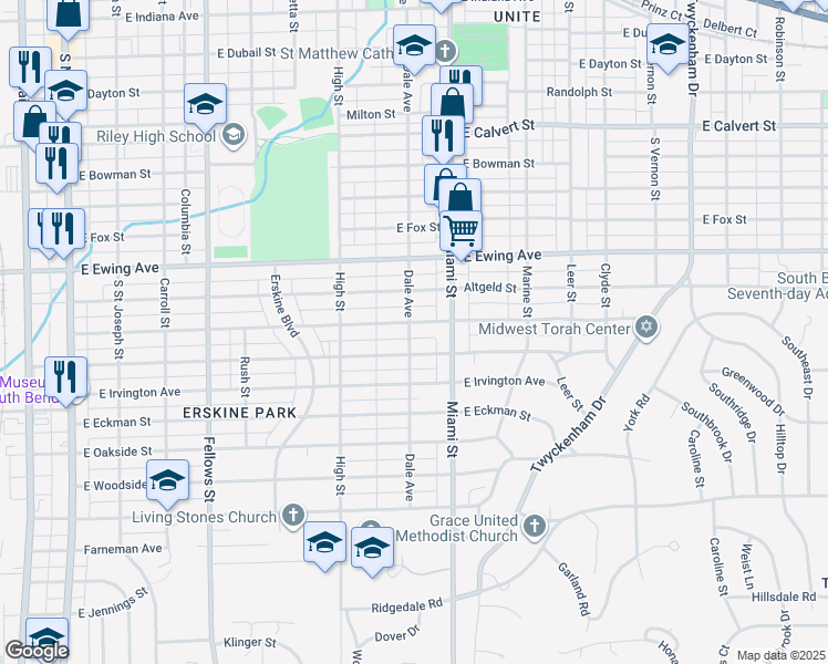 map of restaurants, bars, coffee shops, grocery stores, and more near 1002 East Victoria Street in South Bend