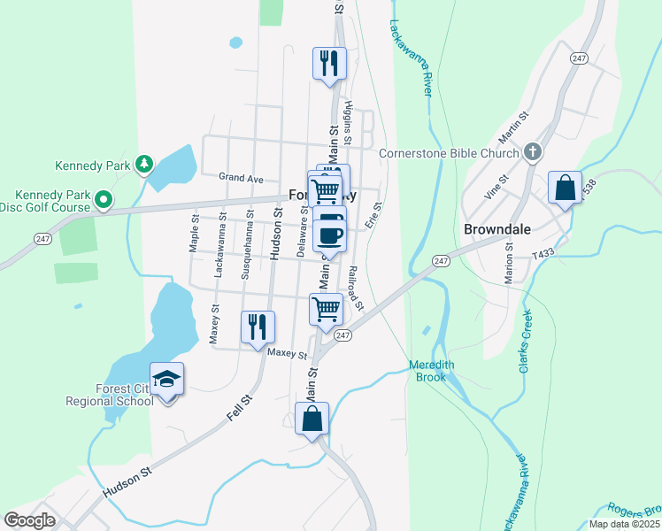 map of restaurants, bars, coffee shops, grocery stores, and more near 73 Depot St in Forest City