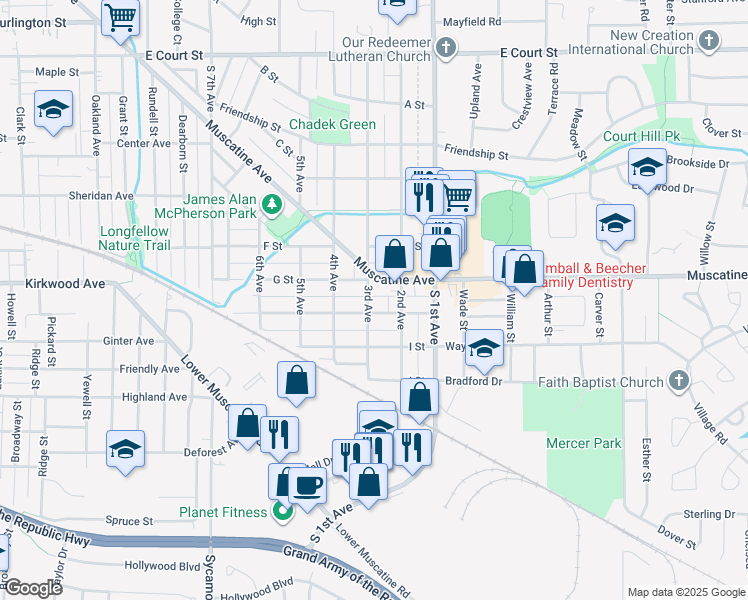 map of restaurants, bars, coffee shops, grocery stores, and more near 1020 3rd Avenue in Iowa City
