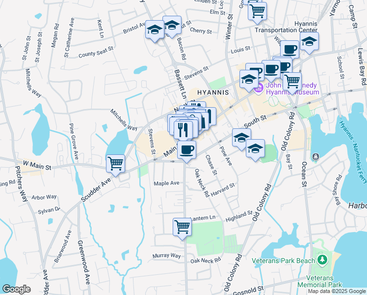 map of restaurants, bars, coffee shops, grocery stores, and more near 599 Main Street in Barnstable