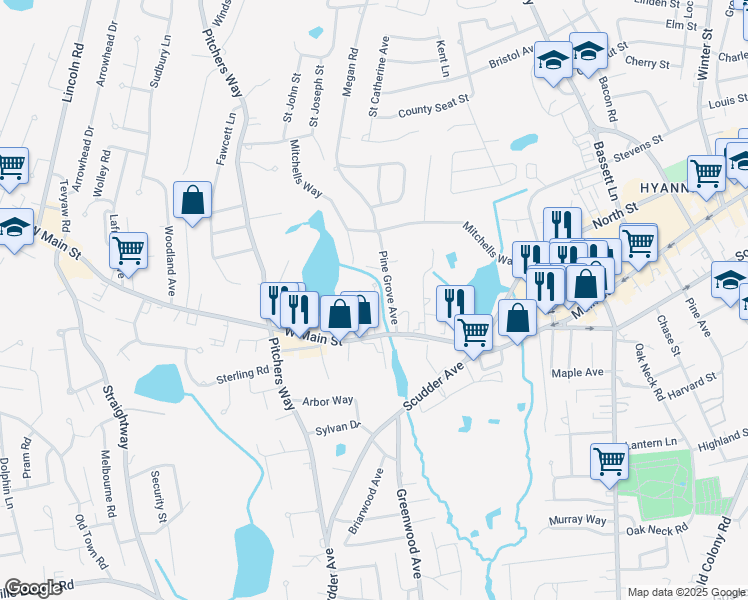 map of restaurants, bars, coffee shops, grocery stores, and more near 45 Pine Grove Avenue in Barnstable