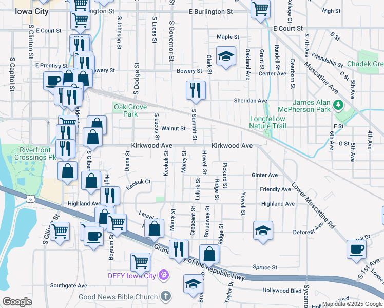map of restaurants, bars, coffee shops, grocery stores, and more near 1008 Marcy Street in Iowa City