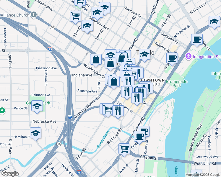 map of restaurants, bars, coffee shops, grocery stores, and more near 801 Washington Street in Toledo