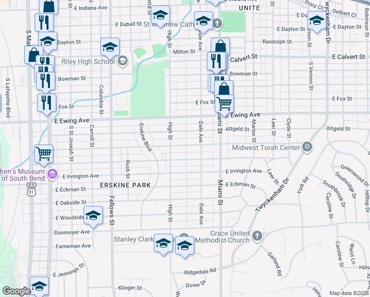map of restaurants, bars, coffee shops, grocery stores, and more near 830 East Victoria Street in South Bend