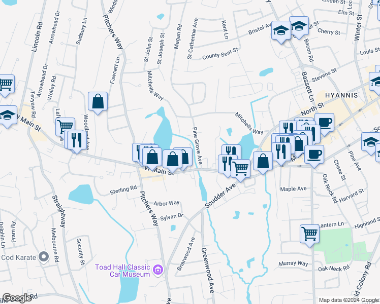 map of restaurants, bars, coffee shops, grocery stores, and more near 45 Pine Grove Avenue in Barnstable