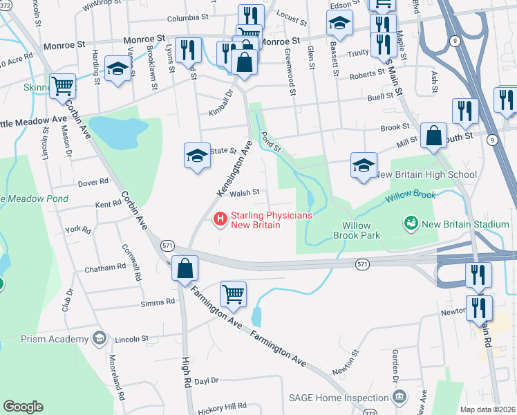 map of restaurants, bars, coffee shops, grocery stores, and more near 98 Clinic Drive in New Britain