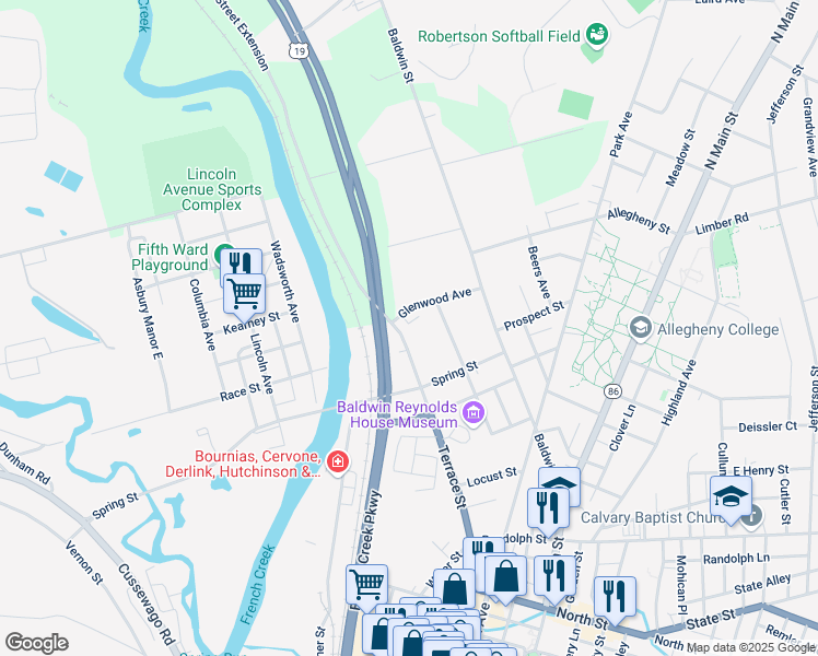 map of restaurants, bars, coffee shops, grocery stores, and more near 532-596 Lord St in Meadville
