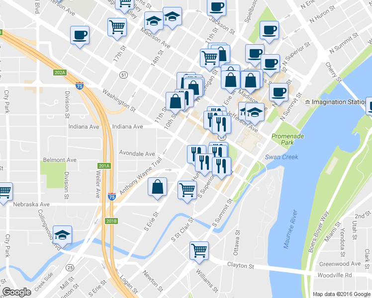 map of restaurants, bars, coffee shops, grocery stores, and more near 801 Washington Street in Toledo