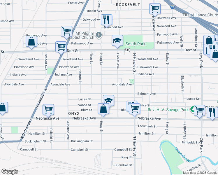 map of restaurants, bars, coffee shops, grocery stores, and more near 1129 Avondale Avenue in Toledo